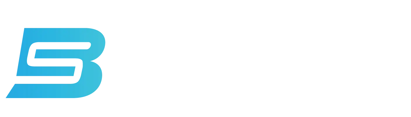 A blue and white logo with the letter b.