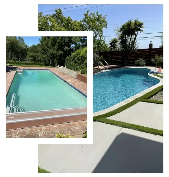 Two pictures of a swimming pool and a lawn.