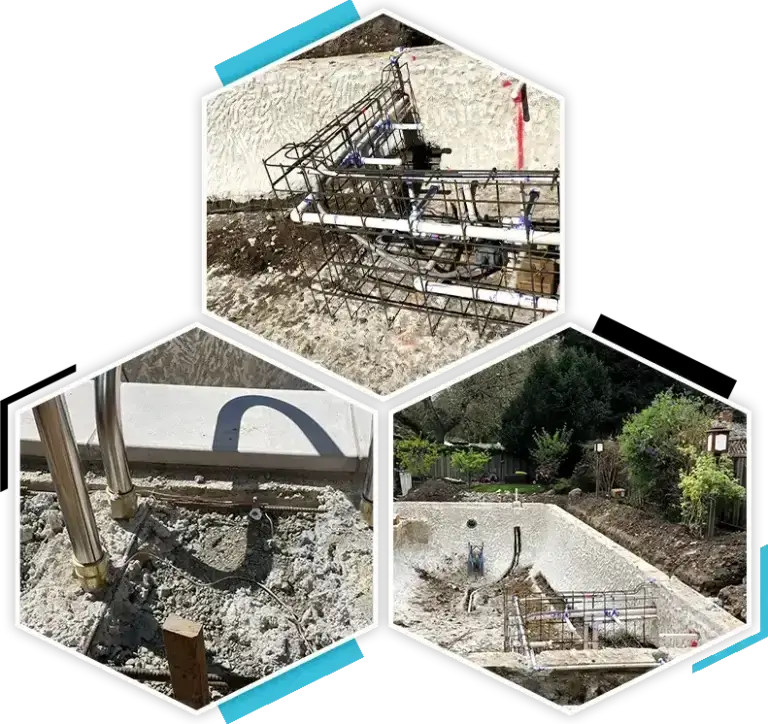 A series of photos showing the construction of a swimming pool.